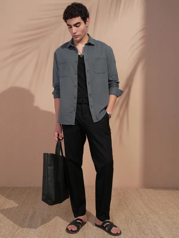 Highlander Men Blue Self Design Relaxed Fit Casual Shirt