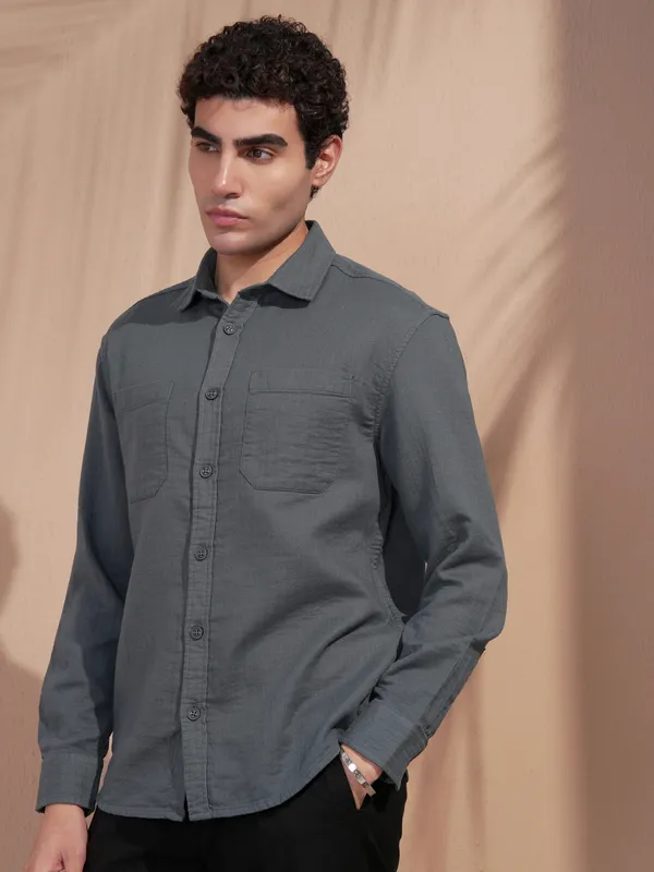 Highlander Men Blue Self Design Relaxed Fit Casual Shirt