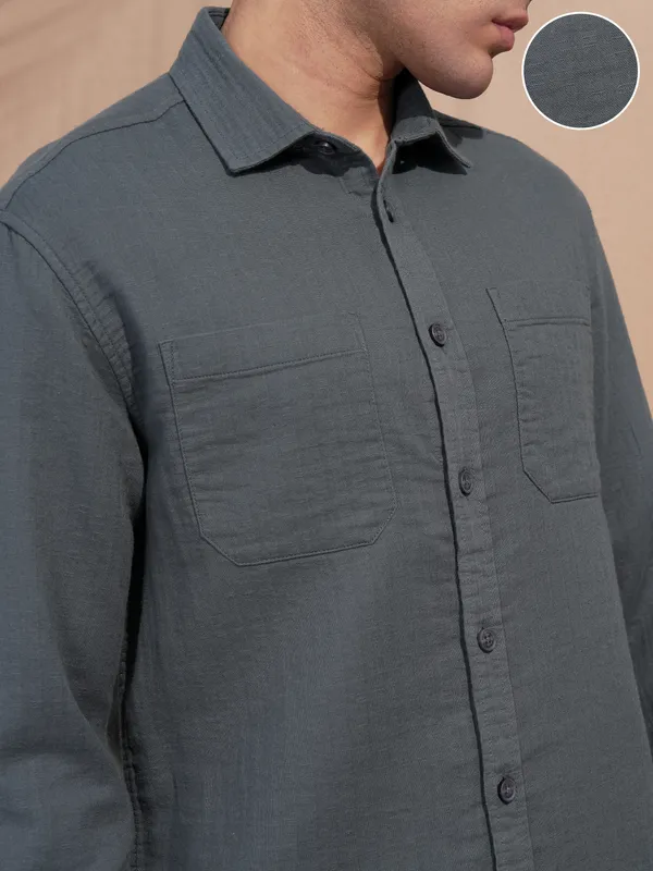 Highlander Men Blue Self Design Relaxed Fit Casual Shirt