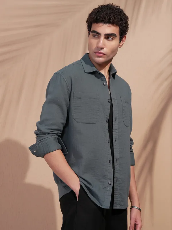 Highlander Men Blue Self Design Relaxed Fit Casual Shirt