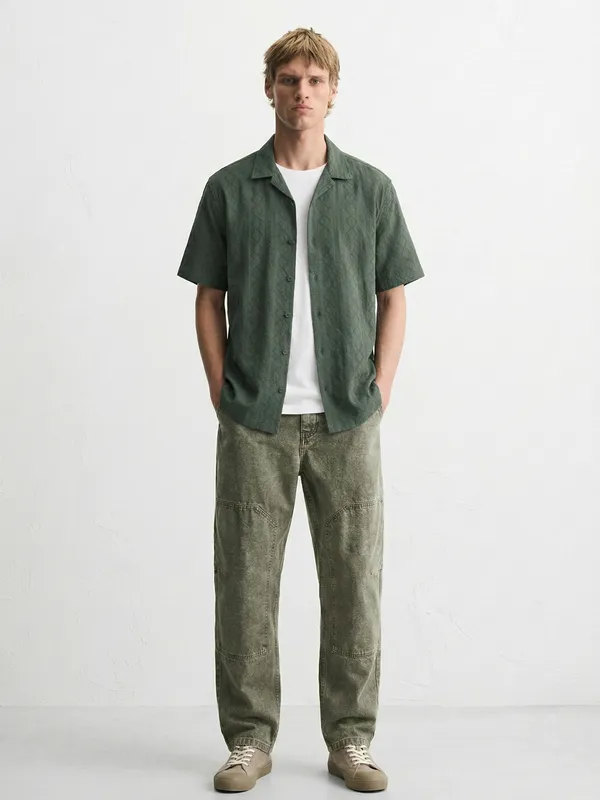 Highlander Men Green Self Design Relaxed Fit Casual Shirt