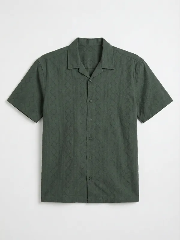 Highlander Men Green Self Design Relaxed Fit Casual Shirt