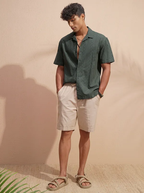 Highlander Men Green Self Design Relaxed Fit Casual Shirt