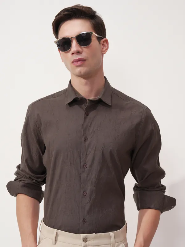 Highlander Men Brown Self Design Slim Fit Casual Shirt