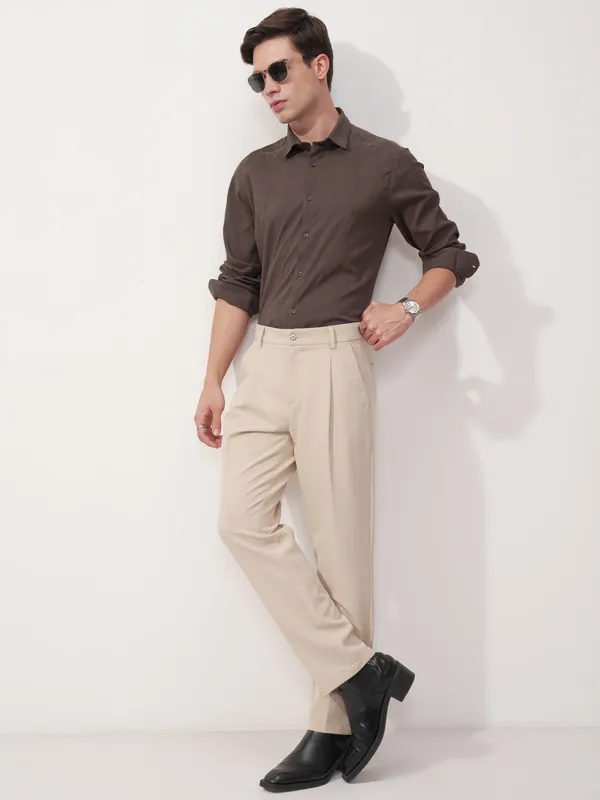 Highlander Men Brown Self Design Slim Fit Casual Shirt