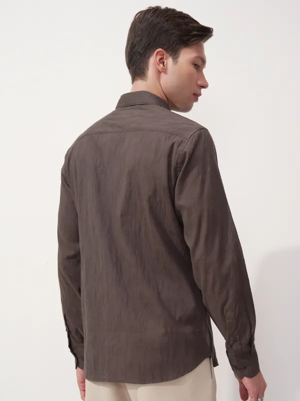 Highlander Men Brown Self Design Slim Fit Casual Shirt