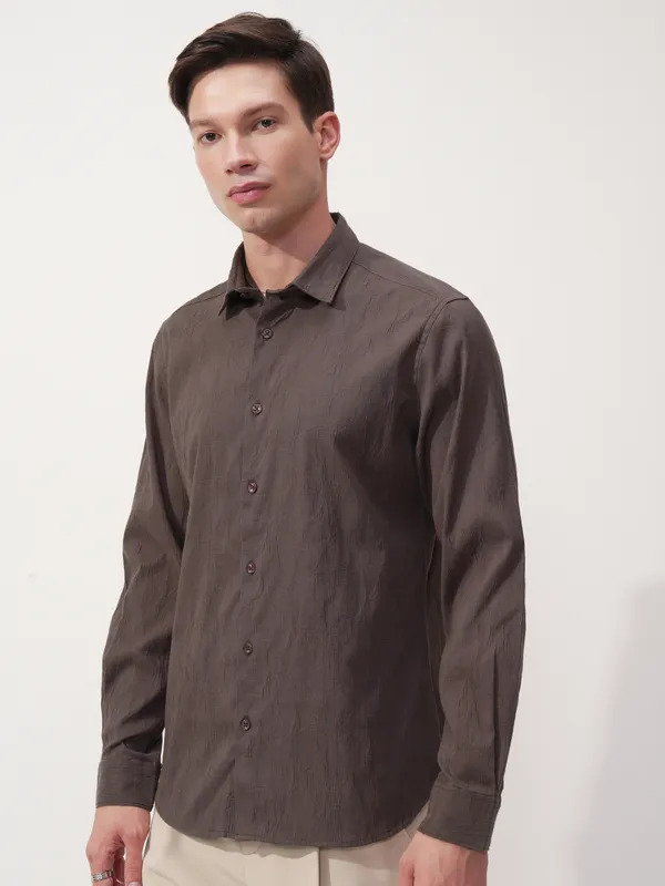 Highlander Men Brown Self Design Slim Fit Casual Shirt