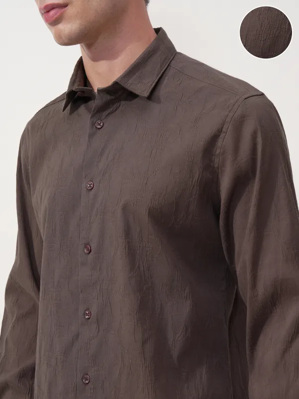 Highlander Men Brown Self Design Slim Fit Casual Shirt