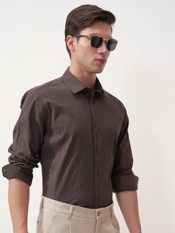 Highlander Men Brown Self Design Slim Fit Casual Shirt