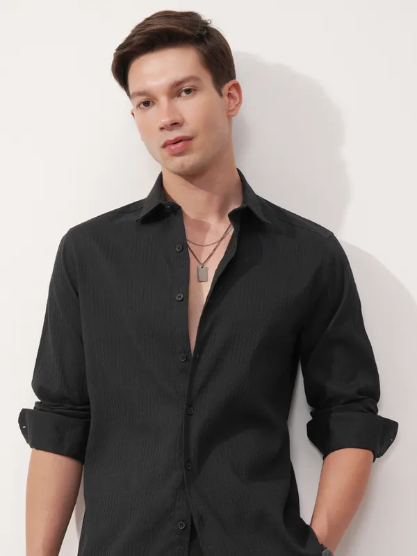 Highlander Men Black Self Design Slim Fit Casual Shirt
