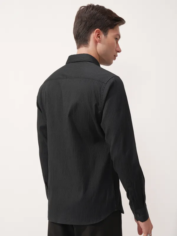 Highlander Men Black Self Design Slim Fit Casual Shirt