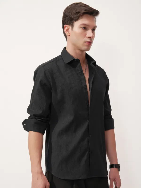 Highlander Men Black Self Design Slim Fit Casual Shirt