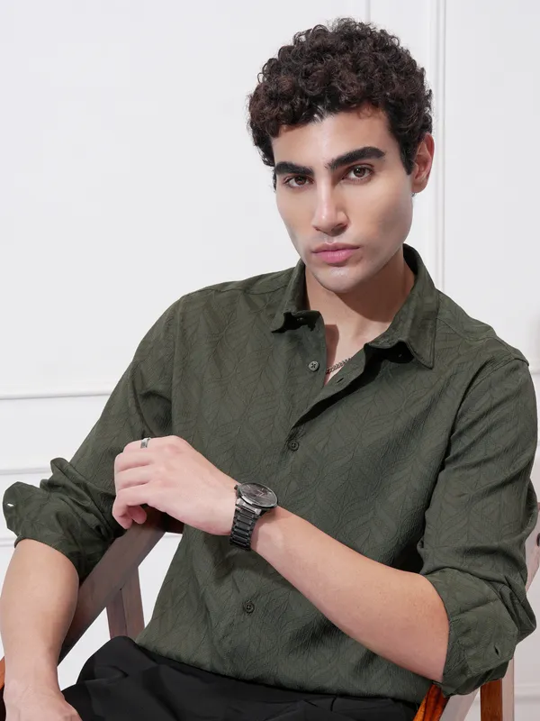 Highlander Men Green Self Design Slim Fit Casual Shirt