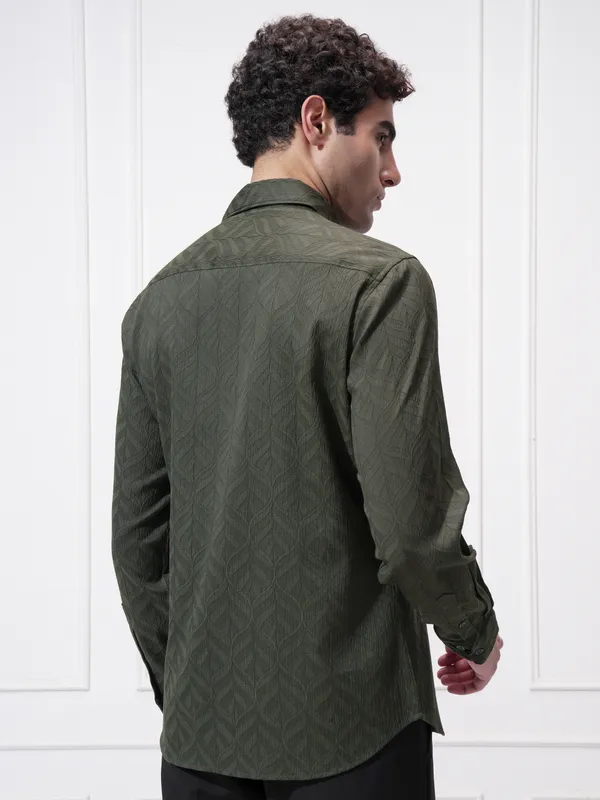 Highlander Men Green Self Design Slim Fit Casual Shirt
