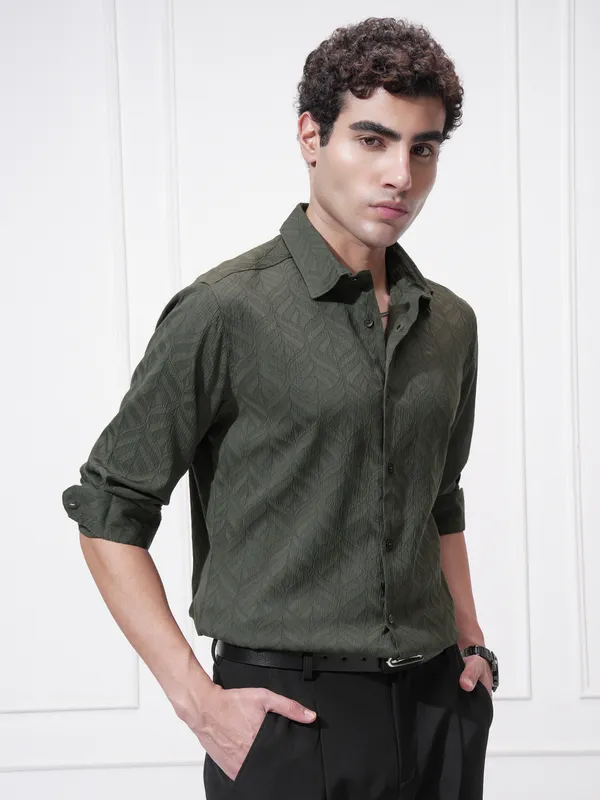 Highlander Men Green Self Design Slim Fit Casual Shirt