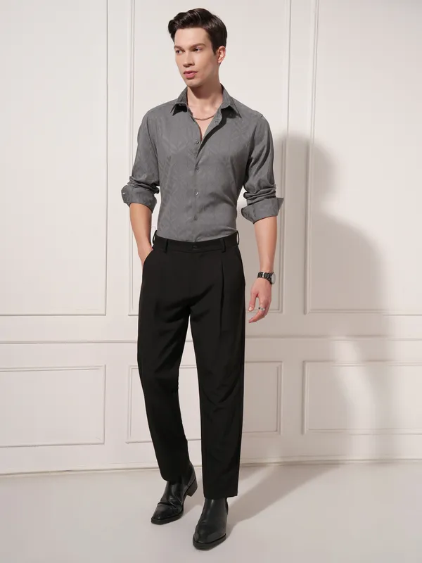 Highlander Men Charcoal Self Design Slim Fit Casual Shirt