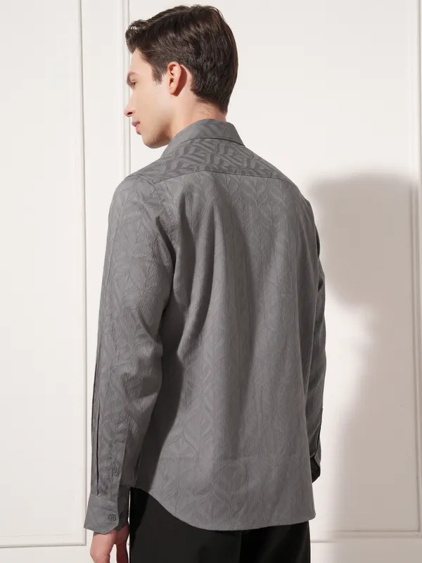 Highlander Men Charcoal Self Design Slim Fit Casual Shirt