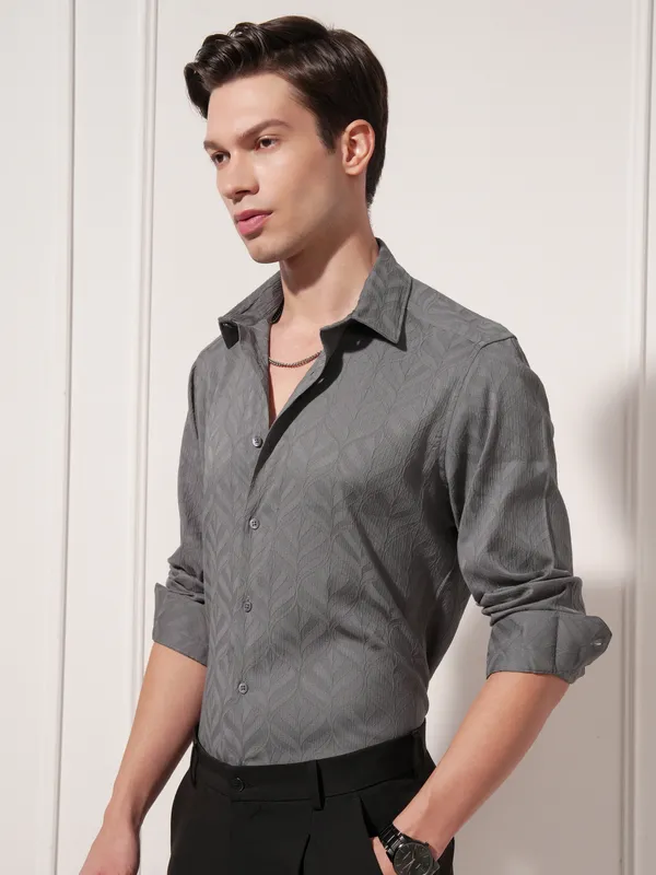 Highlander Men Charcoal Self Design Slim Fit Casual Shirt