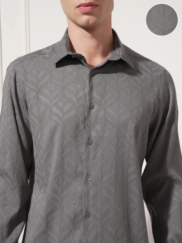 Highlander Men Charcoal Self Design Slim Fit Casual Shirt