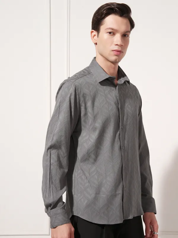 Highlander Men Charcoal Self Design Slim Fit Casual Shirt