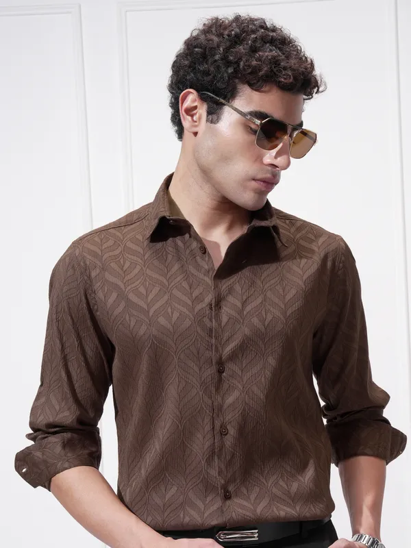 Highlander Men Brown Self Design Slim Fit Casual Shirt