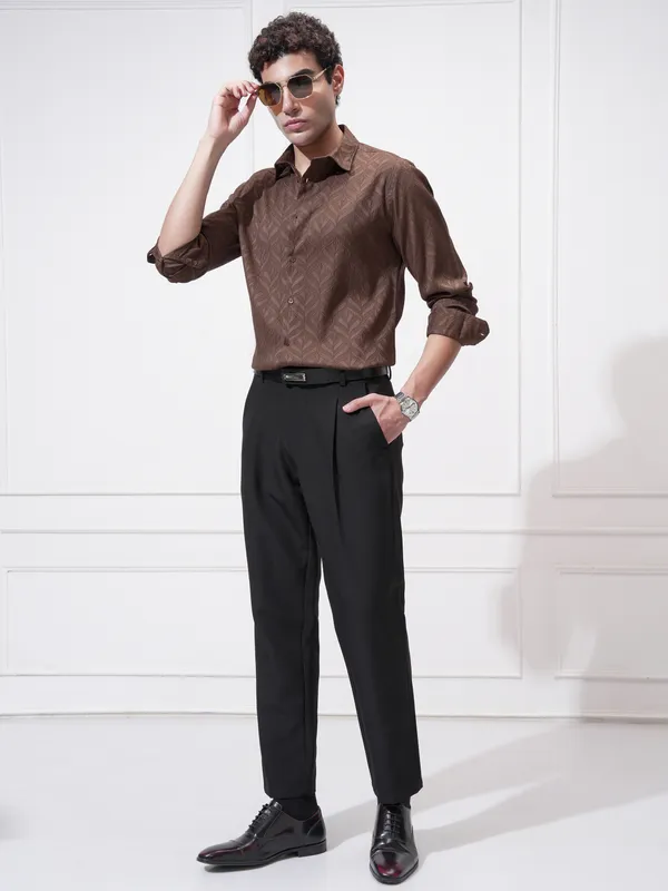 Highlander Men Brown Self Design Slim Fit Casual Shirt