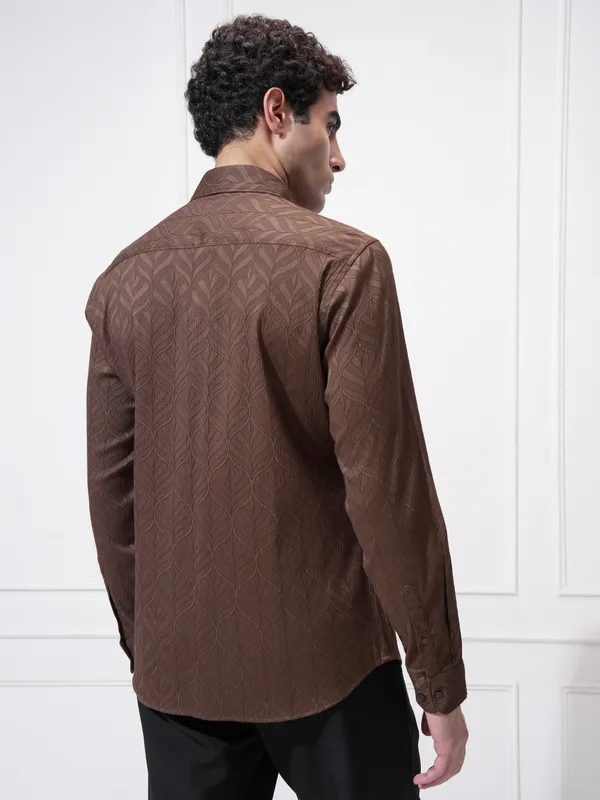 Highlander Men Brown Self Design Slim Fit Casual Shirt