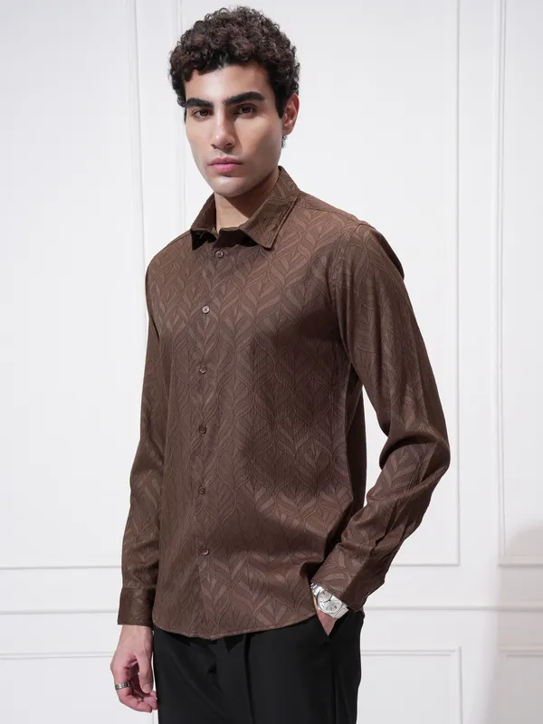 Highlander Men Brown Self Design Slim Fit Casual Shirt