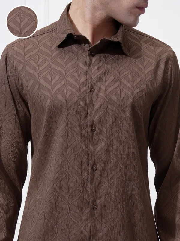 Highlander Men Brown Self Design Slim Fit Casual Shirt