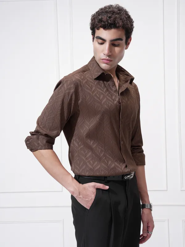 Highlander Men Brown Self Design Slim Fit Casual Shirt