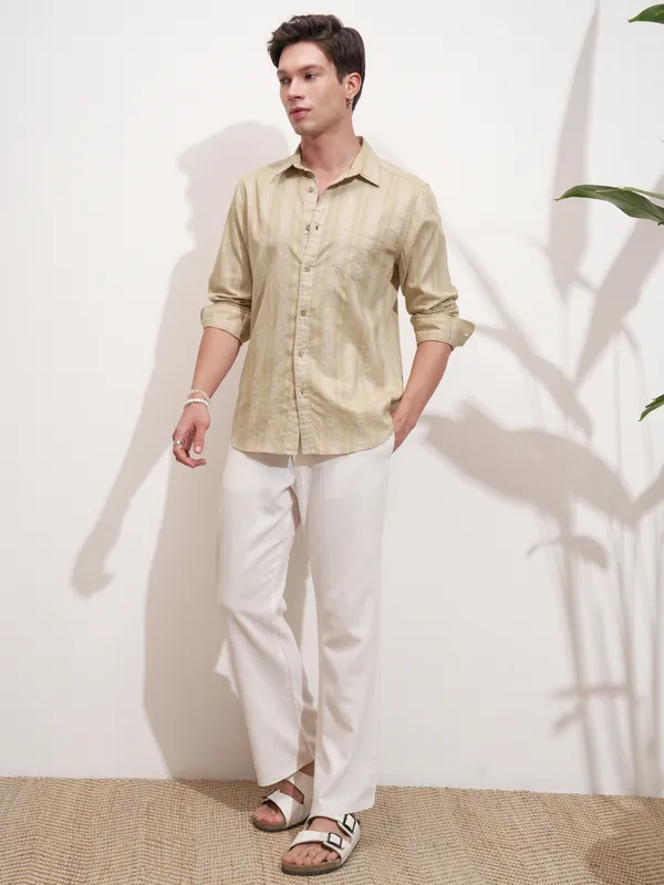 Highlander Men Beige Self Design Slim Fit Casual Shirt