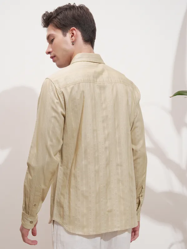 Highlander Men Beige Self Design Slim Fit Casual Shirt