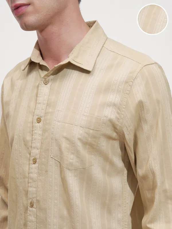 Highlander Men Beige Self Design Slim Fit Casual Shirt