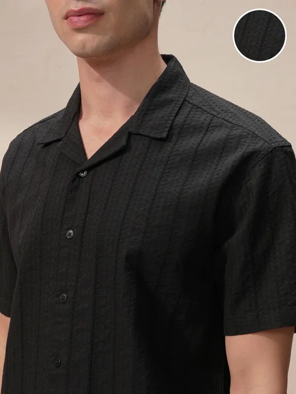 Highlander Men Black Self Design Oversized Fit Casual Shirt