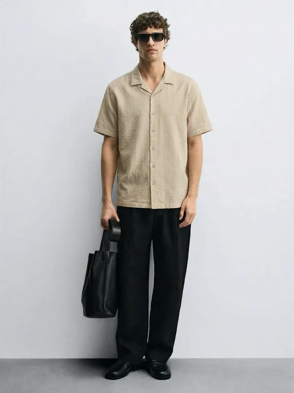 Highlander Men Beige Striped Regular Fit Casual Shirt