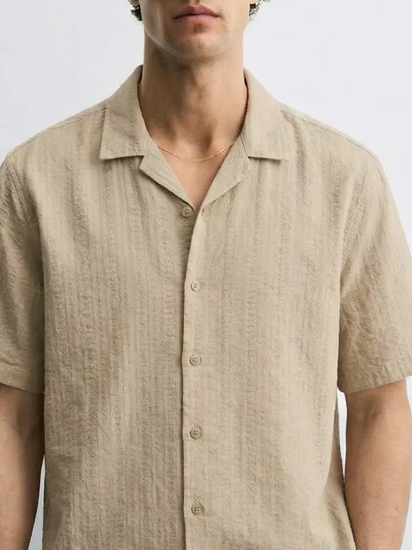 Highlander Men Beige Striped Regular Fit Casual Shirt