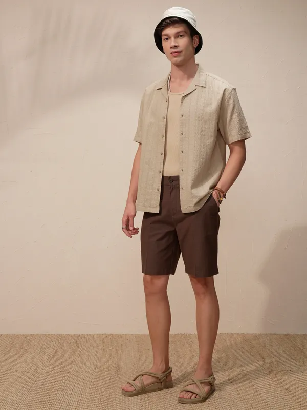 Highlander Men Beige Striped Regular Fit Casual Shirt