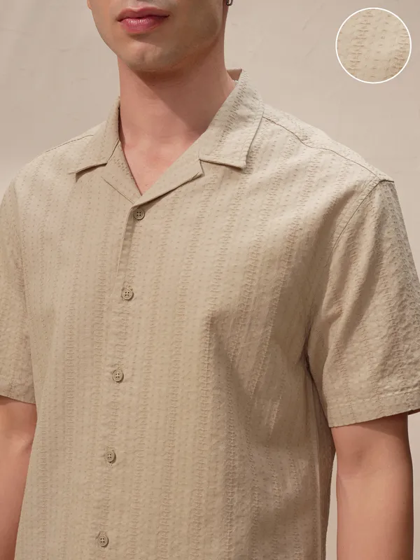 Highlander Men Beige Striped Regular Fit Casual Shirt