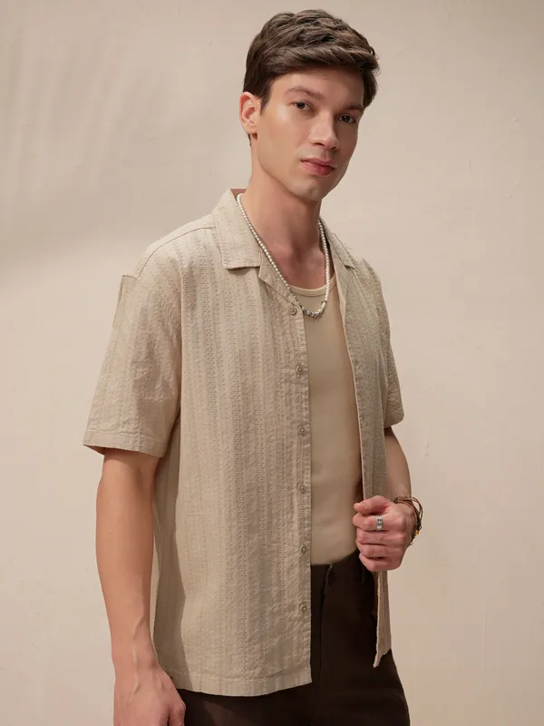 Highlander Men Beige Striped Regular Fit Casual Shirt