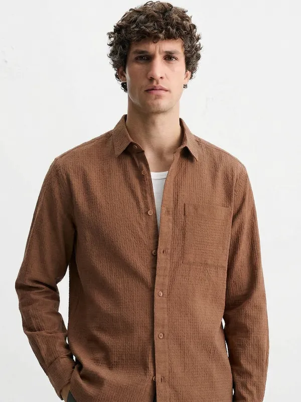Highlander Men Brown Self Design Relaxed Fit Casual Shirt