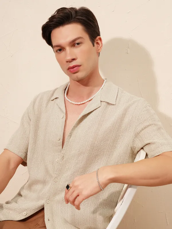 Highlander Men Beige Self Design Oversized Fit Casual Shirt