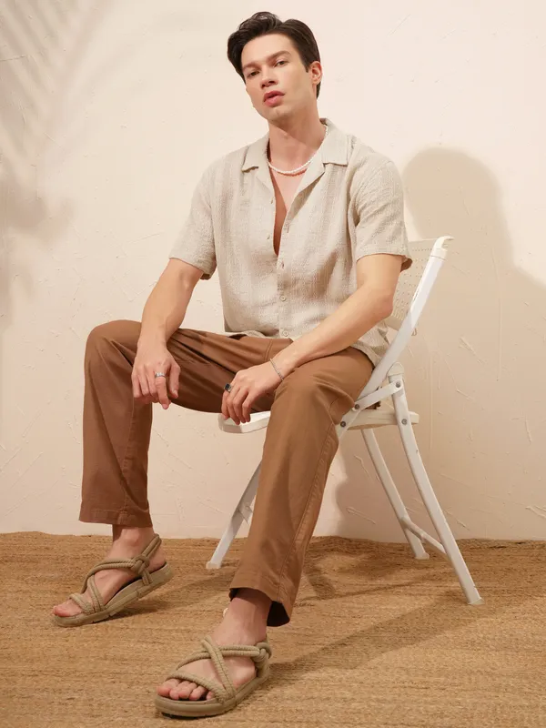 Highlander Men Beige Self Design Oversized Fit Casual Shirt