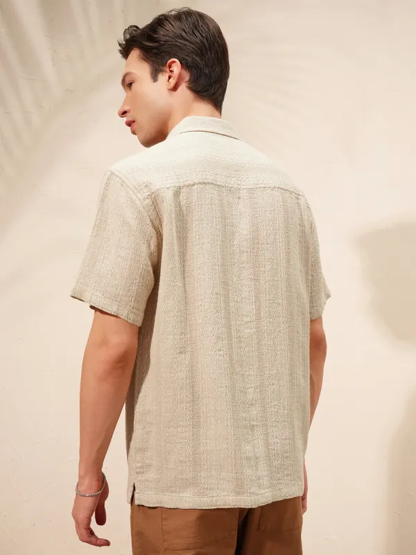 Highlander Men Beige Self Design Oversized Fit Casual Shirt