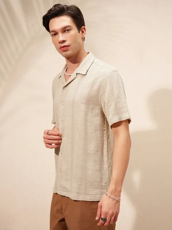 Highlander Men Beige Self Design Oversized Fit Casual Shirt