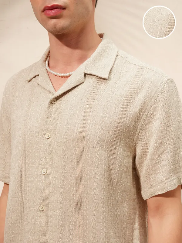 Highlander Men Beige Self Design Oversized Fit Casual Shirt