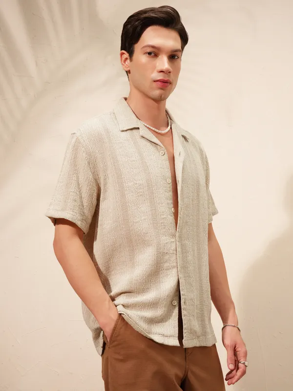 Highlander Men Beige Self Design Oversized Fit Casual Shirt