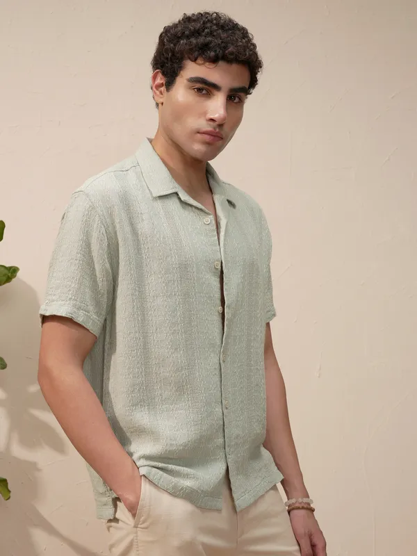 Highlander Men Green Striped Relaxed Fit Casual Shirt