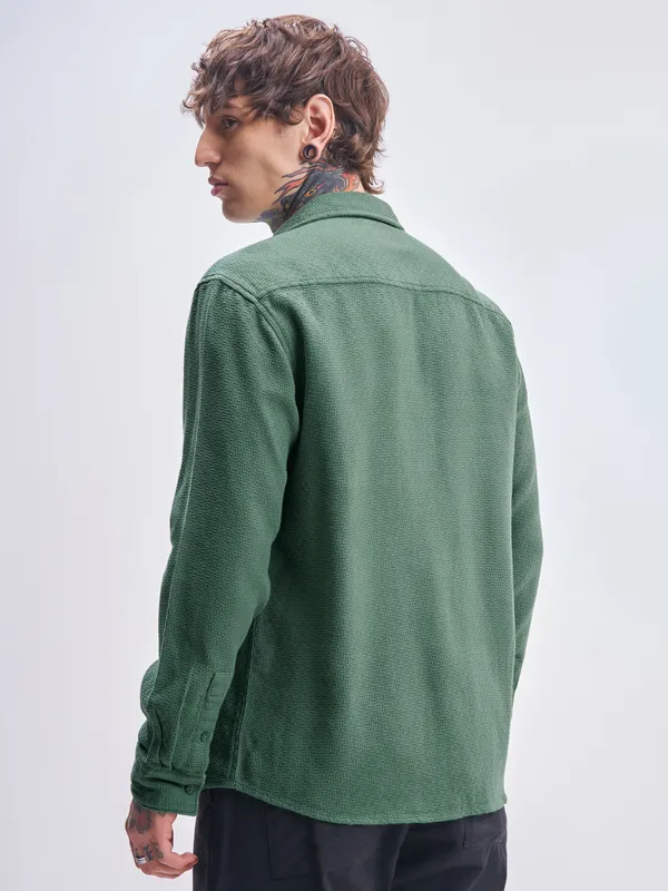 Highlander Men Green Self Design Relaxed Fit Casual Shirt