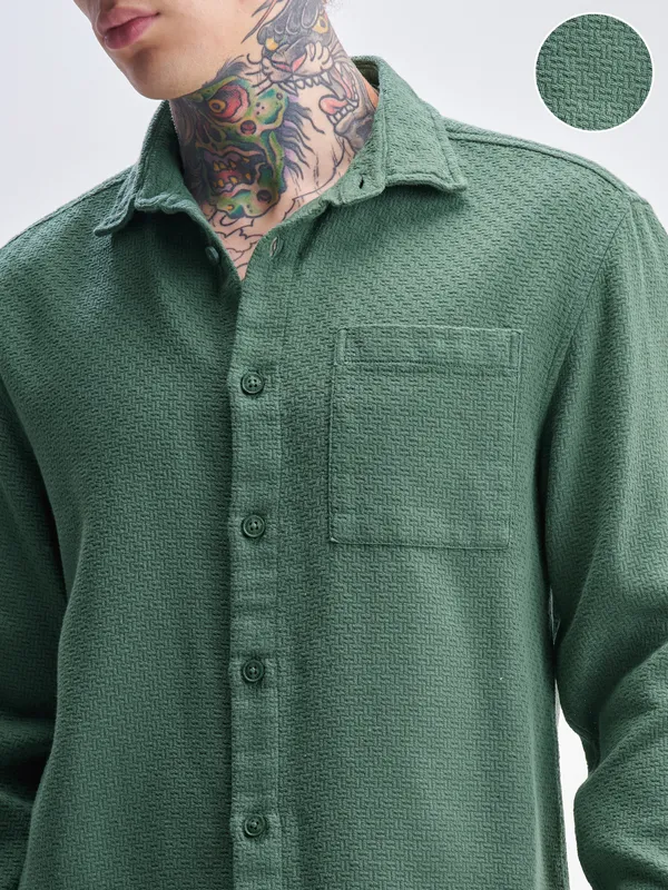 Highlander Men Green Self Design Relaxed Fit Casual Shirt