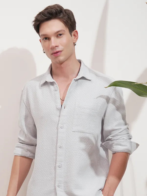 Highlander Men Grey Self Design Relaxed Fit Casual Shirt